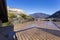 Huge terrace on a sunny day overlooking the Swiss Alps