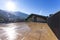 Huge terrace on a sunny day overlooking the Swiss Alps