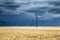 Huge thundercloud over a wheat field and electric pylons
