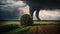 Huge tornado landscape trees, atmosphere scenic dramatic sky field