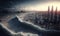 Huge tsunami destroying a city. Dramatic scenery with a big wave flooding the lanscape. Natural disaster concept art. Generative