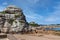 Huge unique rock formations on the Pink Granite Coast, textured granite boulders near Ploumanac`h in Brittany, France.