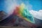 A huge volcano seen from far away erupting rainbow colored colour powder created with generative AI technology