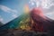 A huge volcano seen from far away erupting rainbow colored colour powder created with generative AI technology