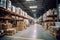 A huge warehouse filled with neatly stacked boxes. Interior of a modern warehouse. Large space for storing and moving goods.