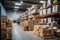 A huge warehouse filled with neatly stacked boxes. Interior of a modern warehouse. Large space for storing and moving goods.