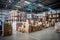 A huge warehouse filled with neatly stacked boxes. Interior of a modern warehouse. Large space for storing and moving goods.