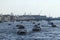 Huge water traffic on Neva River.