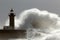 Huge wave over lighthouse