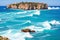 Huge waves crashing into rocky coastline in Cyprus.