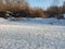 Huge wide snow-covered Siberian river. The branches of dry trees hang over the icy river. Beautiful winter landscape