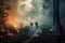 A huge wildfire in a forest with dense smoke and flames. Dangerous wildfire in a jungle and firefighters trying to put out the