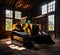 Huge yellow bulldozer in an abandoned barn