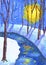 The huge yellow sun is reflected in the stream. Winter landscape. Children\\\'s drawing