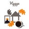 Hugge and comfort with home, coffee and autumn leaves. Scandinavian postcard.