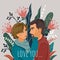 Hugging couple and bouquet of flowers. Cute flat valentines day vector illustration