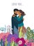 Hugging couple among the flowers . Cute flat valentines day vector illustration