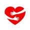 Hugging heart, charity icon, hands holding heart, arm embrace love yourself, organization of volunteers, family community