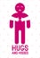 Hugs and kisses with loving hands of loved person and kissing lips, lover woman hugging his man and shares love, vector icon logo