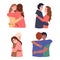 Hugs. Men and women pairs hugging, romantic and friends relationships, children and parent, good family, happy people in