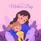 Hugs mother day. Happy mom hugs daughter, loving family, parent and child in embrace, cute greeting card, plant elements