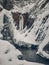 Huk waterfall, frozen waterfall at winter, Carpathian National Park. Ukraine.