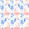 Hula dancer seamless vector pattern. Hula girls and dancing men repeating background. Geometric line art style. Hand drawn