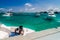 HULHULE ISLAND, MALDIVES - JULY 11, 2016: Boats at the harbor next to Ibrahim Nasir International Airport in Male