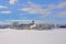 Hull island in white frozen Ottawa river, Gatineau on a sunny day with soft clouds