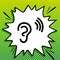 Human anatomy. Ear sign with soundwave. Black Icon on white popart Splash at green background with white spots. Illustration