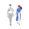 Human and android walking together flat vector illustration. Happy young woman and humanoid cyborg in suit cartoon