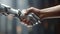 Human and artificial intelligence robot in a handshake to collaborate on future technology.