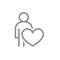 Human with big heart, self care line icon. Like, donation, charity symbol