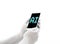 Human bionic hands holding electronic device on white background. Artificial intelligence futuristi