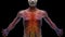 Human body anatomy with glowing atoms on black background