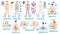 Human body anatomy, organ systems vector illustration set, cartoon flat internal respiratory reproductive lymphatic