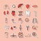 Human body anatomy organs health lungs liver tooth heart foot bone mouth icons collection line and fill