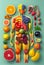 Human body made of fresh fruits and vegetables, healthy eating and dieting concept background. Generative AI