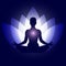 Human body in yoga lotus asana. Backgroung neon blue lotus petals dark blue space stars. Esoterics, spirituality, eastern wisdom,