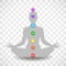 Human body in yoga lotus asana and seven chakras symbols isolated on transparent background