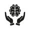Human Brain in Areal View with Hands Silhouette Icon. Neurology, Psychology Pictogram. Education, Logic, Analysis