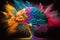 Human brain, bright colorful powder explosion. Generative AI