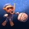 Human brain floats in the sea as snorkel diver looks on, 3d illustration