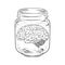 Human brain in glass jar . Sticker, print or blackwork tattoo design hand drawn vector illustration