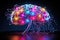 Human brain with glowing neon light on dark background. 3D rendering, future\\\'s human brain connecting the works with