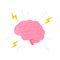 Human brain illustration. Brain with flashes of lightning and rays. Finding an idea or solving a problem.