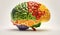 Human brain made of fruits and vegetables isolated on white background. Concept of nutritious foods for brain health and memory.
