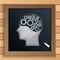 Human brain mechanism with cogs and gears written by chalk on blackboard