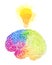 Human brain with rainbow watercolor splashes and a light bulb