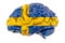 Human brain with Swedish flag. Scientific research and education in Sweden concept, 3D rendering